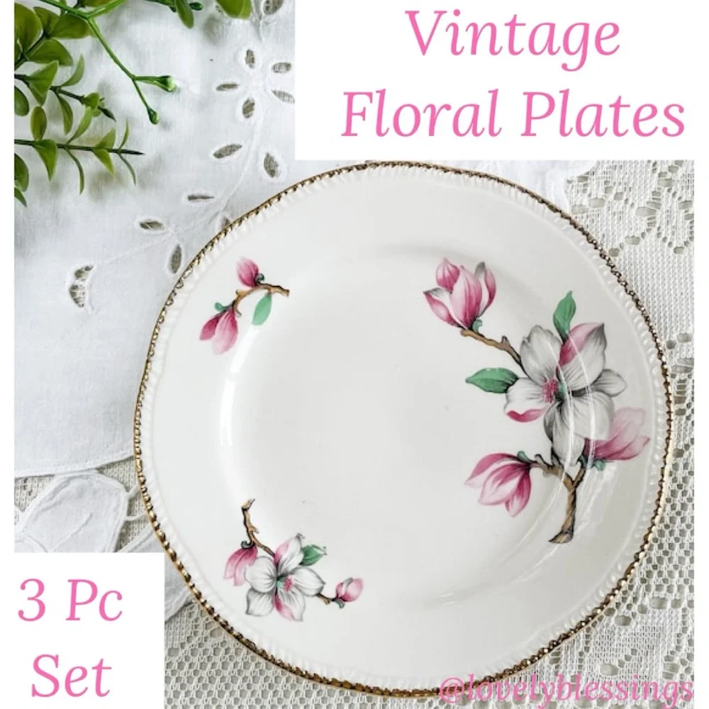 Vintage Pink Floral Plates Homer Laughlin Dogwood Gold Trim Fine China 3 Pc Set